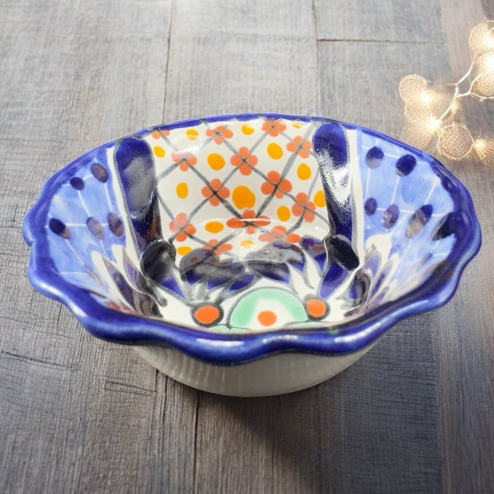 Hand Made Mexico Pottery Talavera Multicolor‎ Salsa Dish Bowl Wavy Edges Vintage
